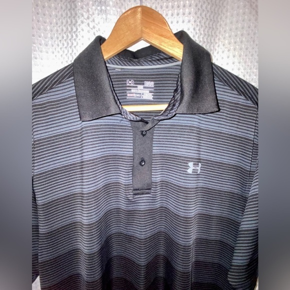 2/49$ Men’s Under Armour cold black striped black and gray polo size Large - Picture 2 of 8